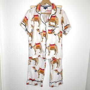 Katie Kime Camel Print Pajama Set Womens Small Shirt Pants White